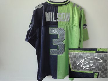 NEW NFL seattle seahawks #3 Russell Wilson blue-green jerseys(Elite Signed split)