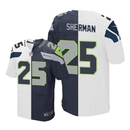 Nike Seahawks #25 Richard Sherman White Steel Blue Men's Stitched NFL Elite Split Jersey