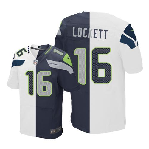 Nike Seahawks #16 Tyler Lockett White Steel Blue Men's Stitched NFL Elite Split Jersey