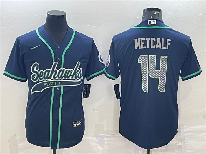 Men's Seattle Seahawks #14 DK Metcalf Navy With Patch Cool Base Stitched Baseball Jersey