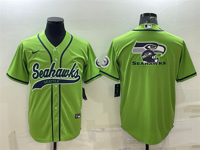 Men's Seattle Seahawks Green Team Big Logo With Patch Cool Base Stitched Baseball Jersey