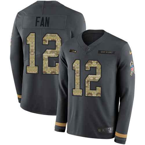 Nike Seahawks #12 Fan Anthracite Salute to Service Men's Stitched NFL Limited Therma Long Sleeve Jersey