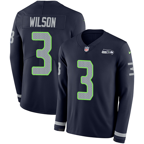 Nike Seahawks #3 Russell Wilson Steel Blue Team Color Men's Stitched NFL Limited Therma Long Sleeve Jersey