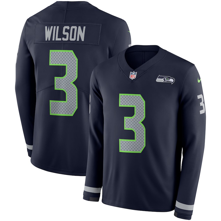 Nike Seahawks 3 Russell Wilson Navy Therma Long Sleeve Jersey