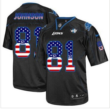 New Detroit Lions #81 Calvin Johnson Black With WCF Patch NFL Elite USA Flag Fashion Jersey