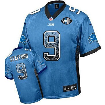 NEW Lions #9 Matthew Stafford Blue Team Color With WCF Patch Drift Fashion Jersey