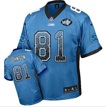 NEW Lions #81 Calvin Johnson Blue Team Color With WCF Patch Drift Fashion Jersey