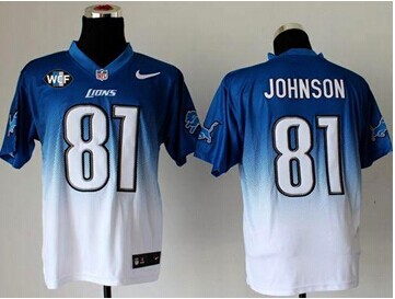 NEW Lions #81 Calvin Johnson Blue-White With WCF Patch Fadeaway Fashion Jersey