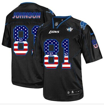 NEW Lions #81 Calvin Johnson Black With WCF Patch USA Flag Fashion Jersey