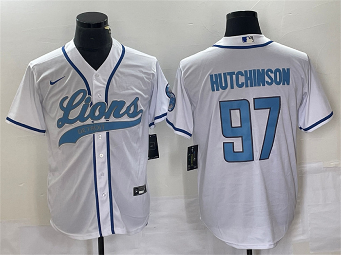 Men's Detroit Lions #97 Aidan Hutchinson White Cool Base Stitched Baseball Jersey