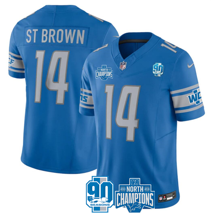 Men's Detroit Lions #14 Amon-Ra St. Brown Blue 2023 F.U.S.E. NFC North Division Champions Vapor Untouchable Limited Stitched Jersey