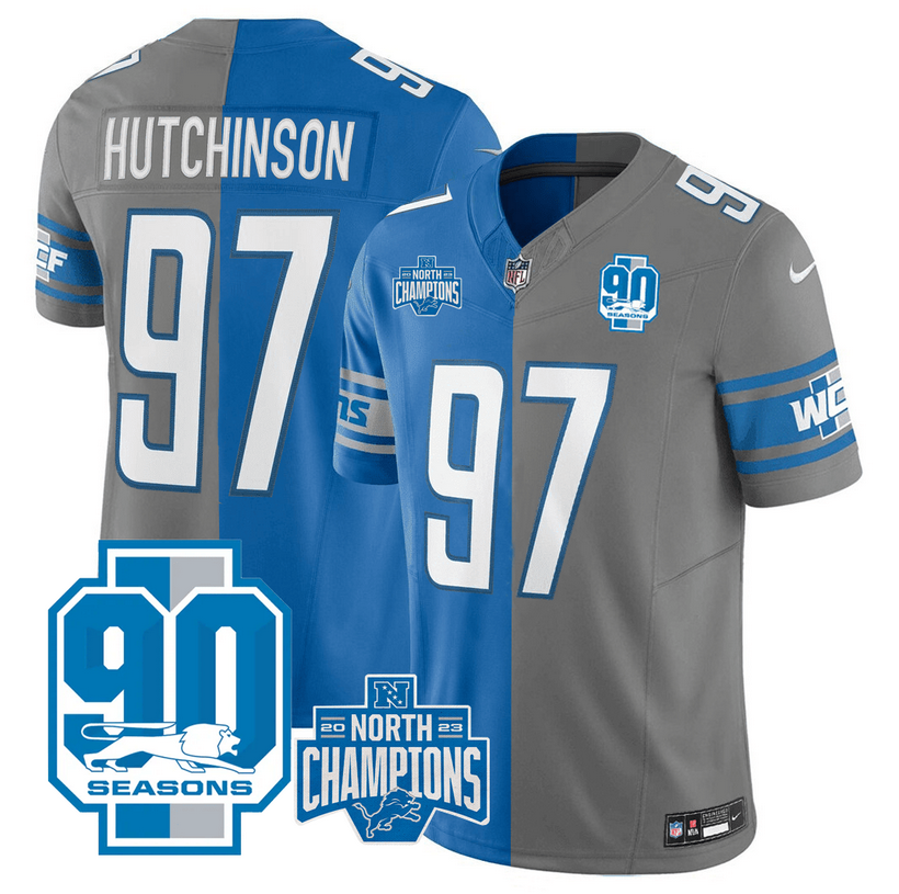 Men's Detroit Lions #97 Aidan Hutchinson Blue Grey Split 2023 F.U.S.E. 90th Anniversary NFC North Division Champions Vapor Untouchable Limited Stitched Jersey