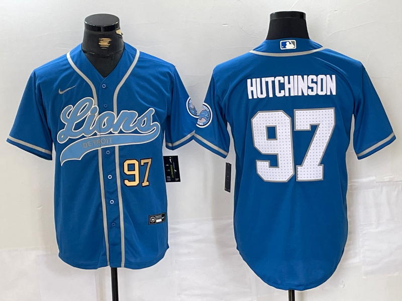 Men's Detroit Lions #97 Aidan Hutchinson Blue Cool Base Stitched Baseball Jersey 1