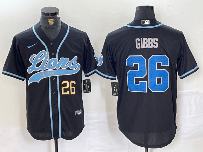 Men's Detroit Lions #26 Jahmyr Gibbs Black Cool Base Stitched Baseball Jersey 1