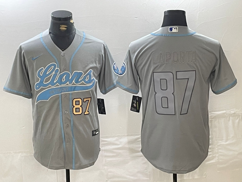 Men's Detroit Lions #87 Sam LaPorta Grey Cool Base Stitched Baseball Jersey