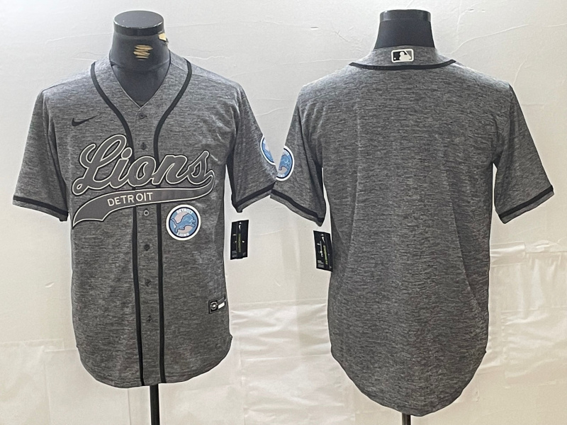 Men's Detroit Lions Team Big Logo Grey Cool Base Stitched Baseball Jersey