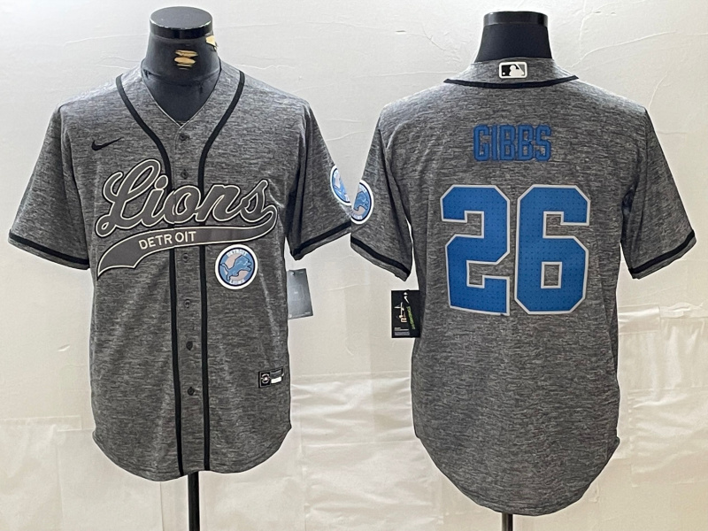 Men's Detroit Lions #26 Jahmyr Gibbs Grey Cool Base Stitched Baseball Jersey 1