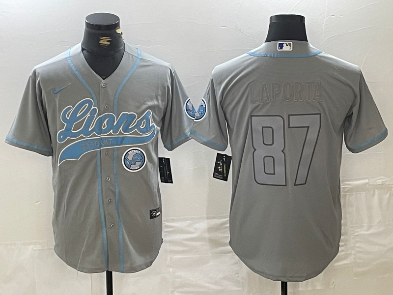 Men's Detroit Lions #87 Sam LaPorta Grey Cool Base Stitched Baseball Jersey 1