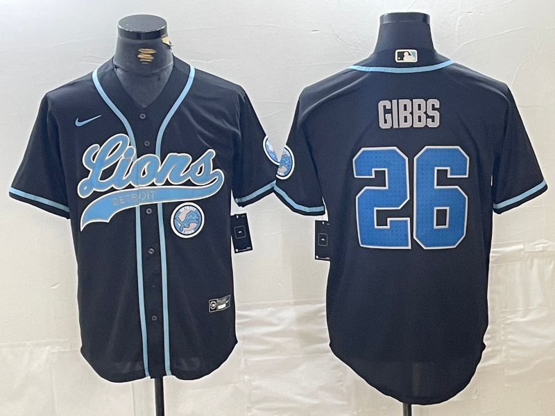 Men's Detroit Lions #26 Jahmyr Gibbs Black Cool Base Stitched Baseball Jersey