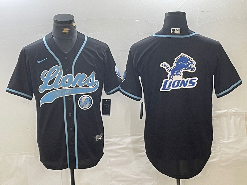 Men's Detroit Lions Team Big Logo Black Cool Base Stitched Baseball Jersey 1