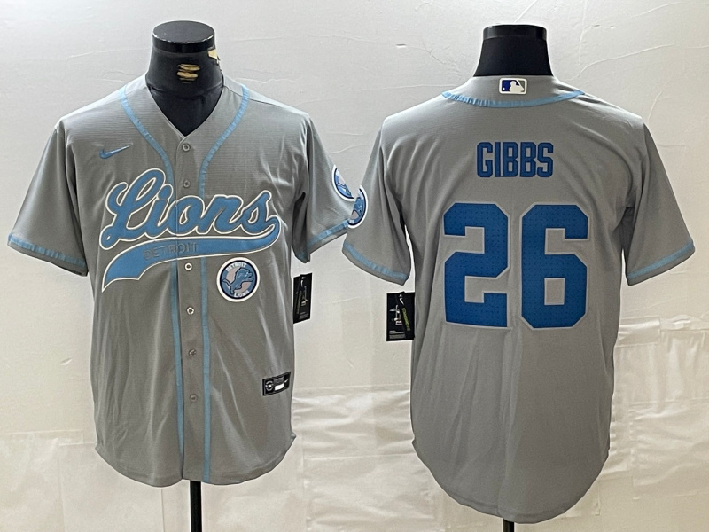 Men's Detroit Lions #26 Jahmyr Gibbs Grey Cool Base Stitched Baseball Jersey