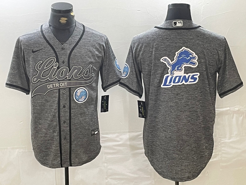 Men's Detroit Lions Team Big Logo Grey Cool Base Stitched Baseball Jersey 1