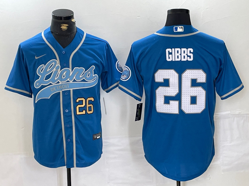 Men's Detroit Lions #26 Jahmyr Gibbs Blue Cool Base Stitched Baseball Jersey 1