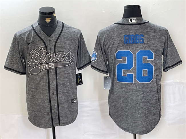 Men's Detroit Lions #26 Jahmyr Gibbs Grey Cool Base Stitched Baseball JerseyS