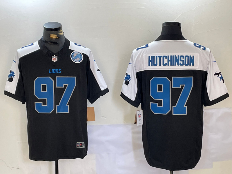 Men's Detroit Lions #97 Aidan Hutchinson Black White F.U.S.E. 2024 Michigan Patch Vapor Limited Stitched Jersey 1