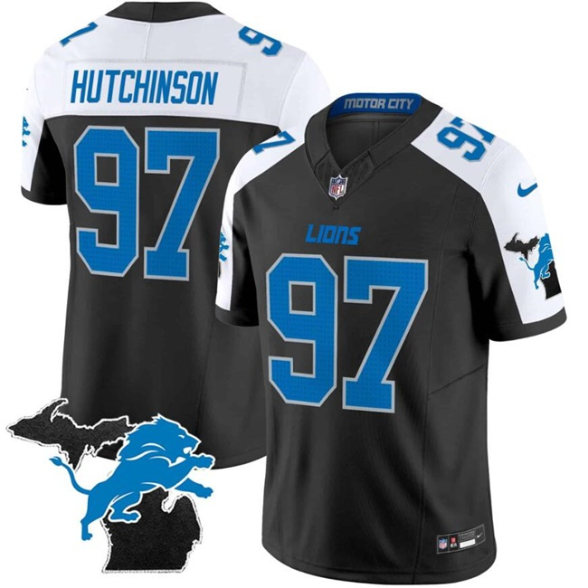 Men's Detroit Lions #97 Aidan Hutchinson Black White F.U.S.E. 2024 Michigan Patch Vapor Limited Stitched Jersey