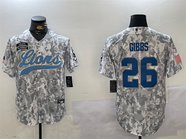 Men's Detroit Lions #26 Jahmyr Gibbs 2024 Arctic Camo Salute To Service Stitched Baseball Jersey