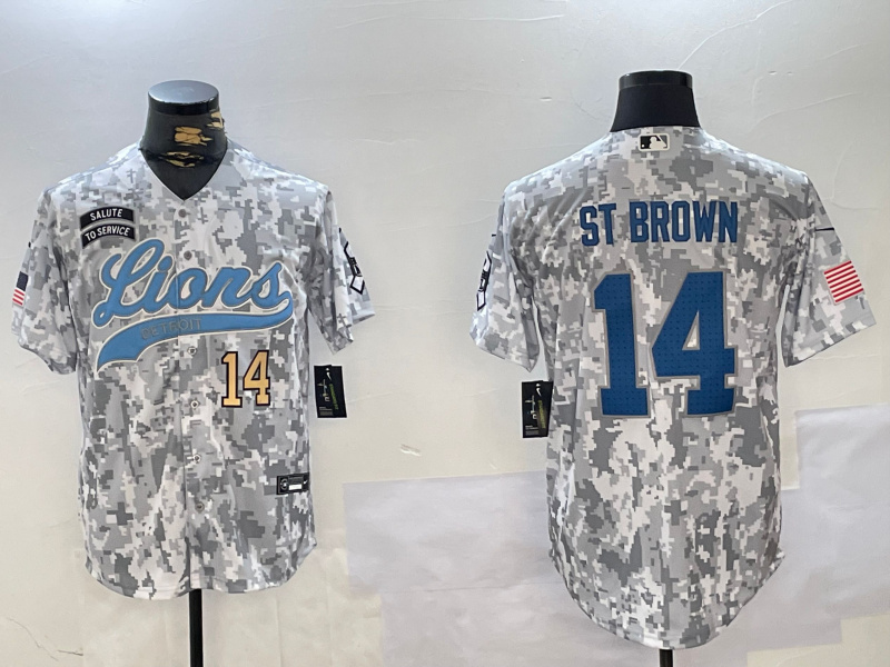 Men's Detroit Lions #14 Amon-Ra St. Brown 2024 Arctic Camo Salute To Service Stitched Baseball Jersey 2