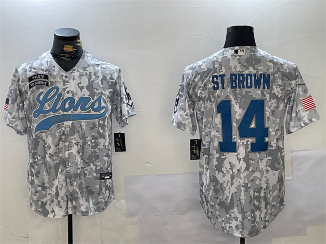 Men's Detroit Lions #14 Amon-Ra St. Brown 2024 Arctic Camo Salute To Service Stitched Baseball Jersey