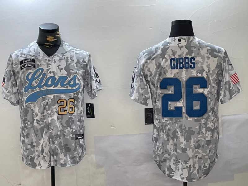 Men's Detroit Lions #26 Jahmyr Gibbs 2024 Arctic Camo Salute To Service Stitched Baseball Jersey 2