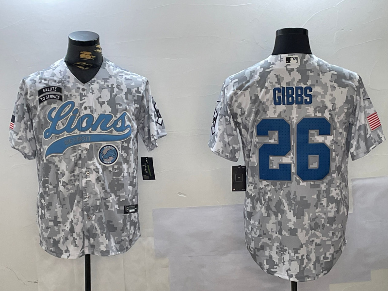 Men's Detroit Lions #26 Jahmyr Gibbs 2024 Arctic Camo Salute To Service Stitched Baseball Jersey 1