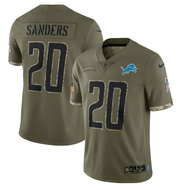 Men's Detroit Lions #20 Barry Sanders Olive 2022 Salute To Service Limited Stitched Jersey