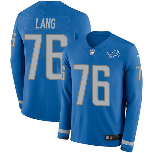 Nike Lions #76 T.J. Lang Blue Team Color Men's Stitched NFL Limited Therma Long Sleeve Jersey