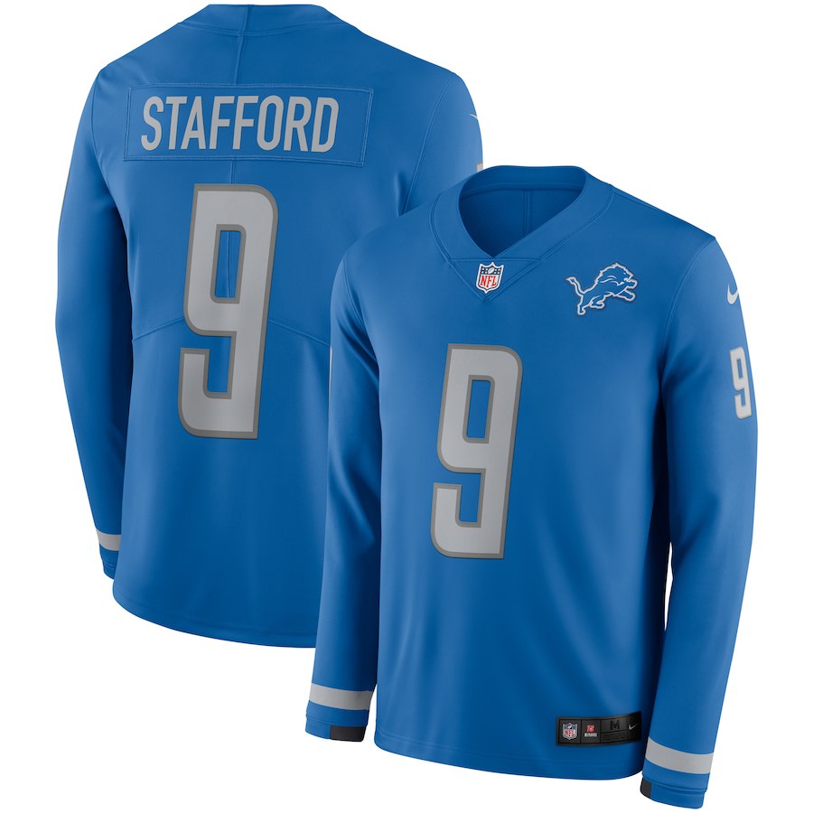 Nike Lions 9 Matthew Stafford Blue Therma Long Sleeve Jersey