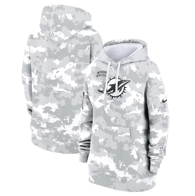 Women's Miami Dolphins 2024 Arctic Camo Salute To Service Club Fleece Pullover Hoodie(Run Small)