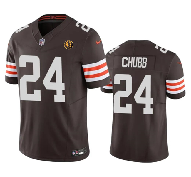 Men's Cleveland Browns #24 Nick Chubb Brown 2023 F.U.S.E. With John Madden Patch Vapor Limited Stitched Football Jersey