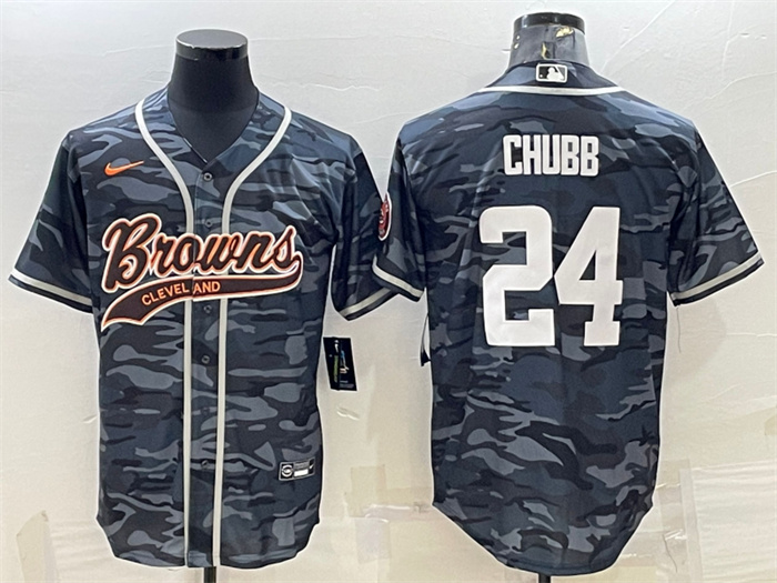 Men's Cleveland Browns #24 Nick Chubb Grey Camo With Patch Cool Base Stitched Baseball Jersey