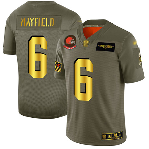 Browns #6 Baker Mayfield Camo Gold Men's Stitched Football Limited 2019 Salute To Service Jersey