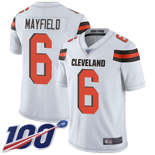 Nike Browns #6 Baker Mayfield White Men's Stitched Football 100th Season Vapor Limited Jersey