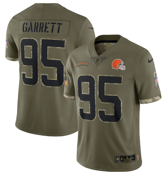 Men's Cleveland Browns #95 Myles Garrett Olive 2022 Salute To Service Limited Stitched Jersey