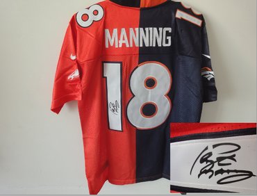 NEW Denver Broncos 18 Peyton Manning Orange Blue NFL Jerseys(Elite Signed Split)