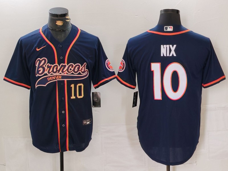 Men's Denver Broncos #10 Bo Nix Navy Cool Base Stitched Baseball Jersey 2