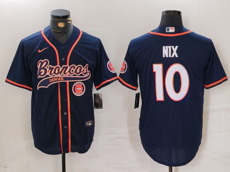 Men's Denver Broncos #10 Bo Nix Navy Cool Base Stitched Baseball Jersey 1