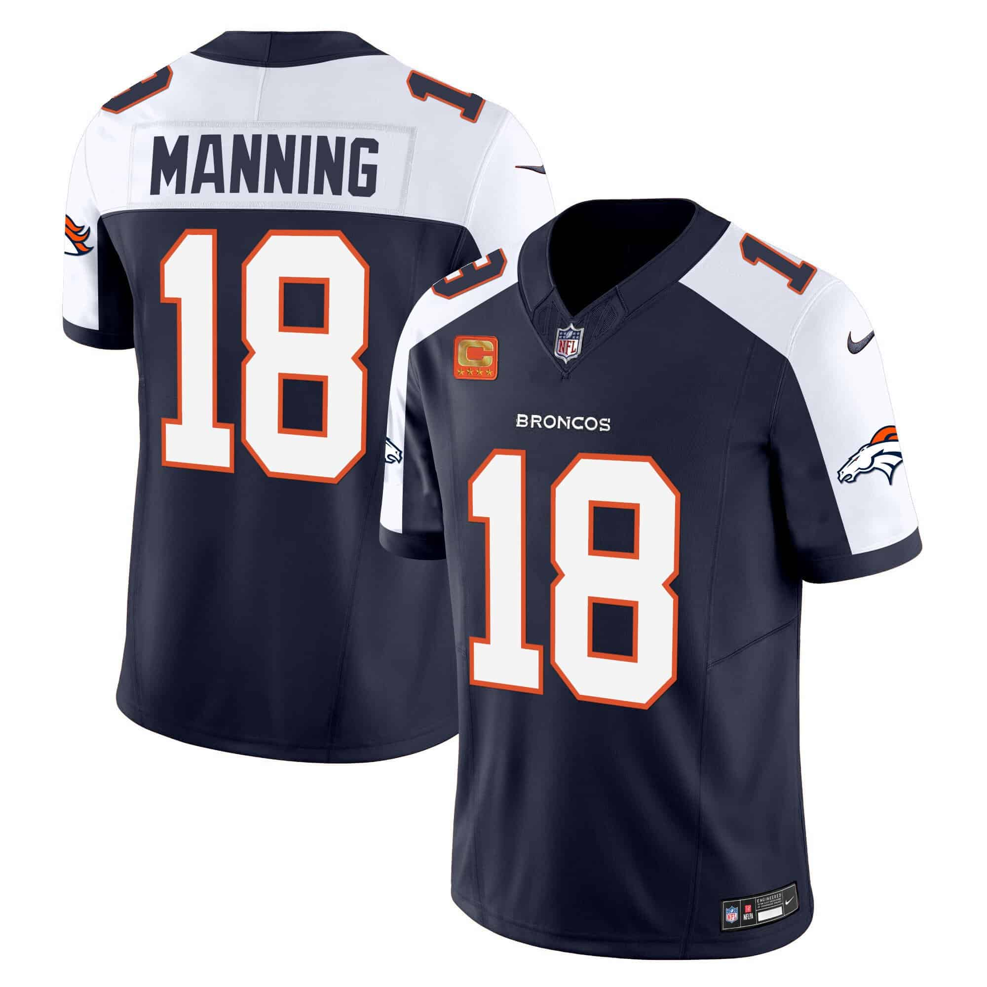 Men's Denver Broncos #18 Peyton Manning Navy 2024 F.U.S.E. With 4-Star C Patch Vapor Limited Stitched Football Jersey