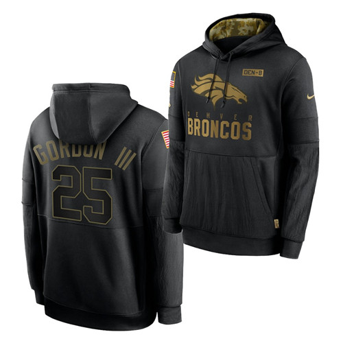 Men's Denver Broncos #25 Melvin Gordon III 2020 Salute To Service Black Sideline Performance Pullover Hoodie