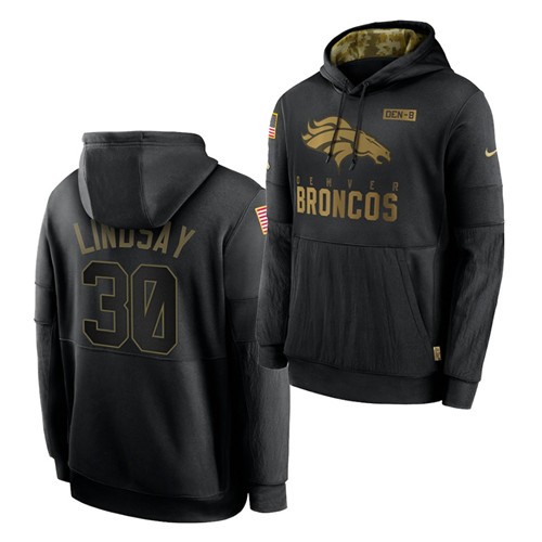 Men's Denver Broncos #30 Phillip Lindsay 2020 Salute To Service Black Sideline Performance Pullover Hoodie